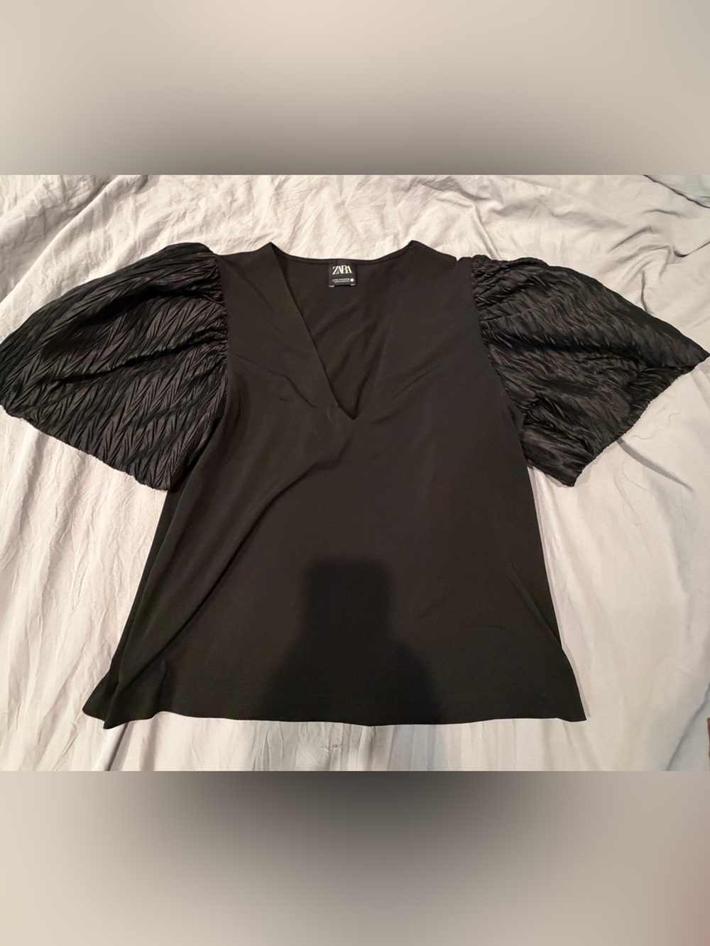Zara Black Puff Sleeve V-Neck Statement Top Blouse Medium